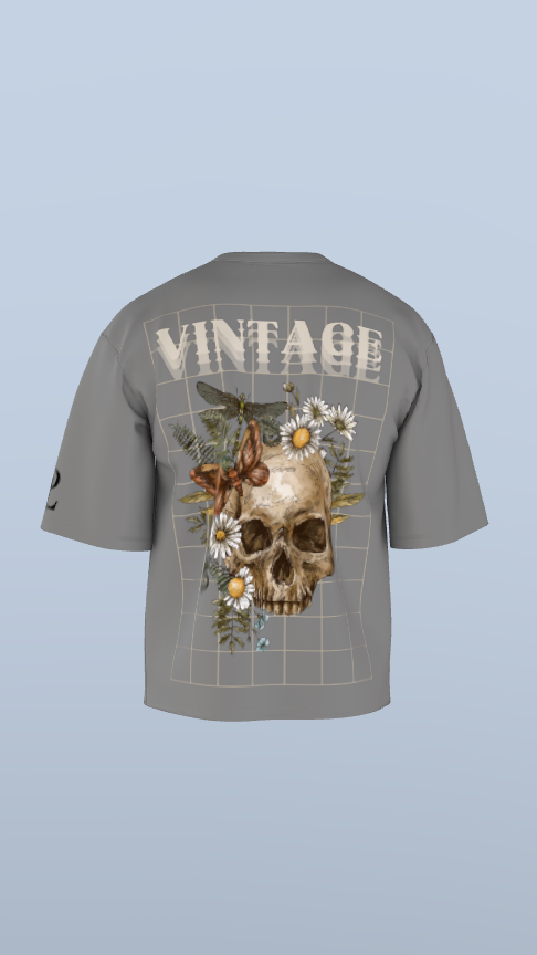 Grey Vintage Bloom Skull Tee'