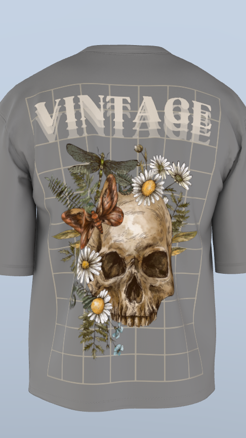 Grey Vintage Bloom Skull Tee'
